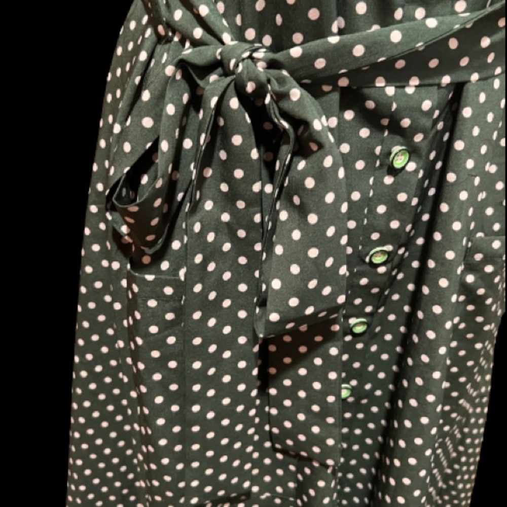 Flutter Sleeve, Button-Down, Green Polka Dot Midi… - image 6